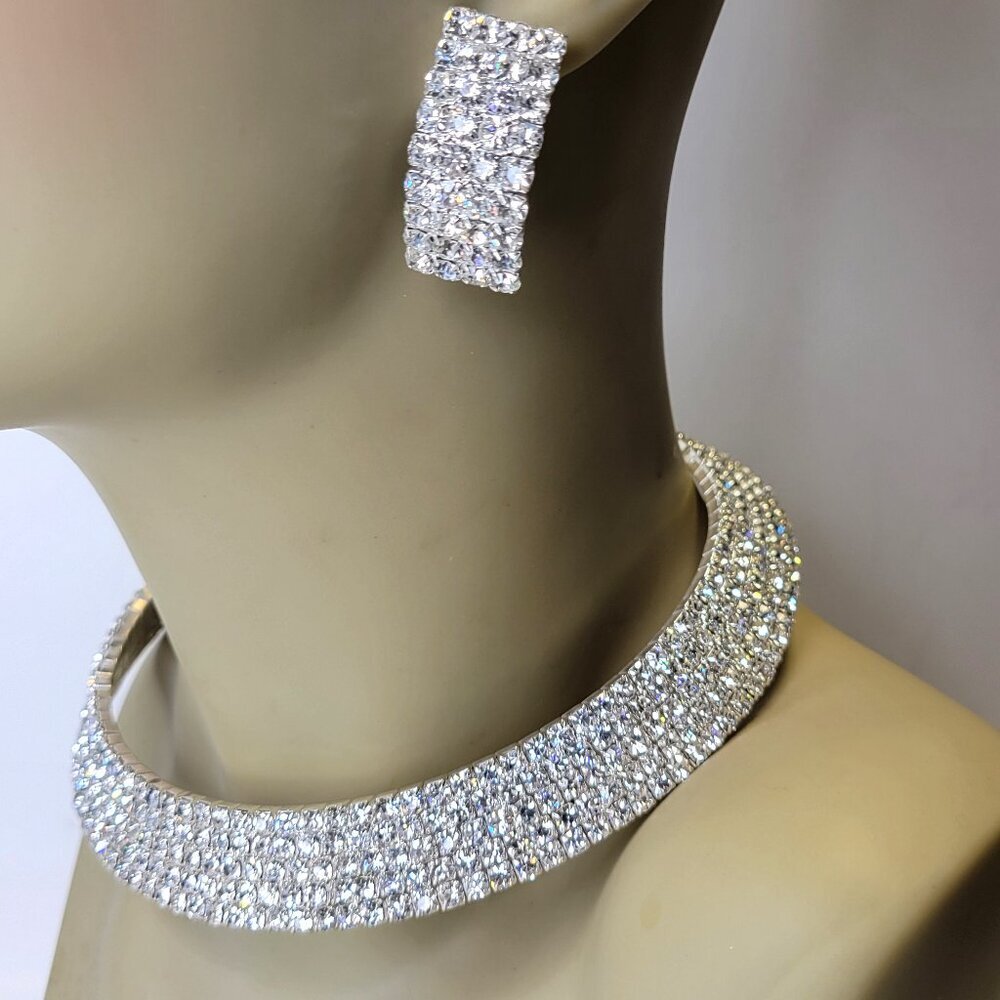 Silver Crystal Diamante Choker Collar Necklace With Earrings Bridal Necklace Set